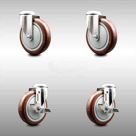 Service Caster 5 Inch 316SS Maroon Polyurethane Wheel Swivel Bolt Hole Caster Brakes SCC, 2PK SCC-SS316BH20S514-PPUB-MRN-2-TLB-2